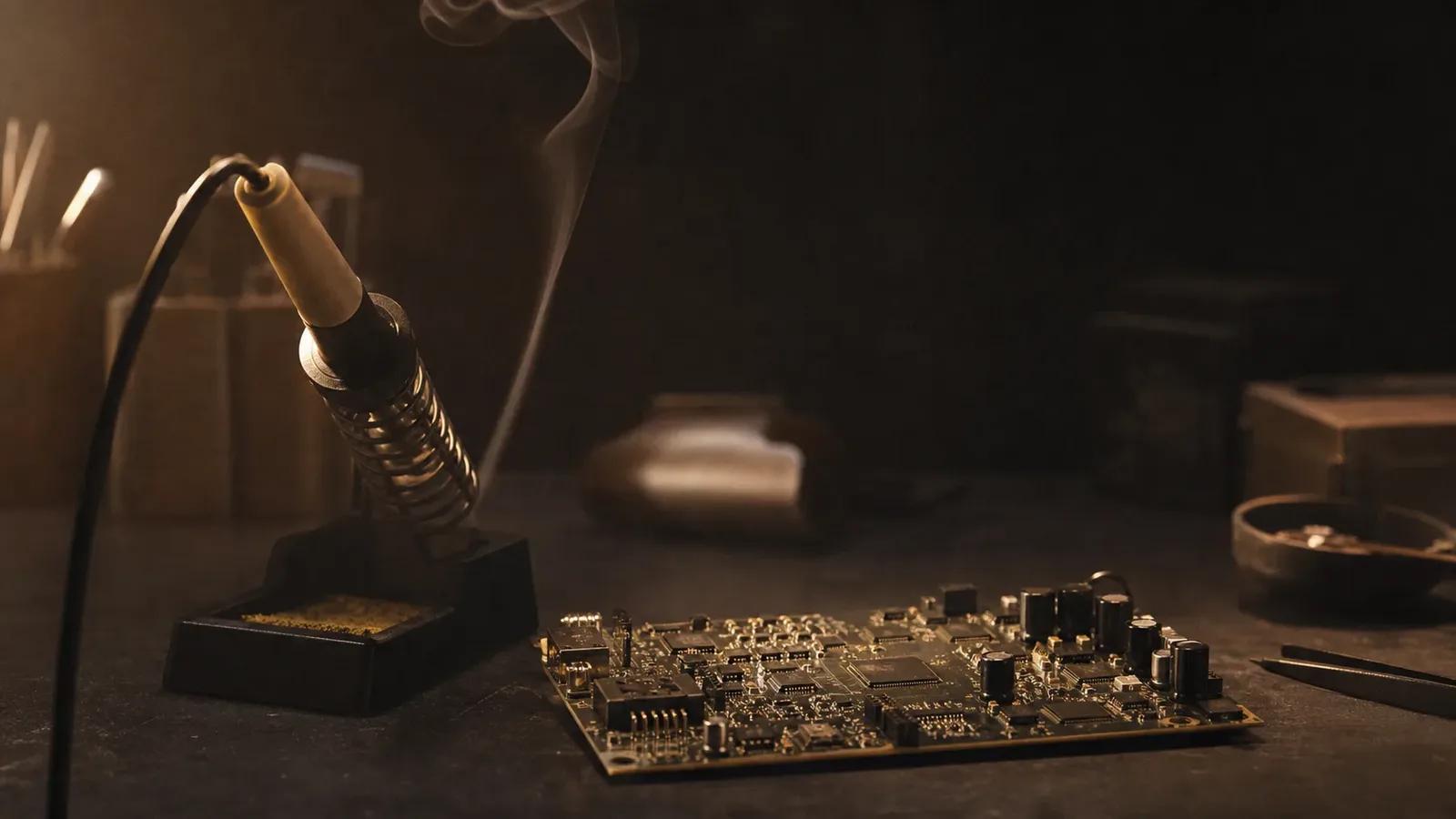 A soldering iron in its stand beside a populated circuit board