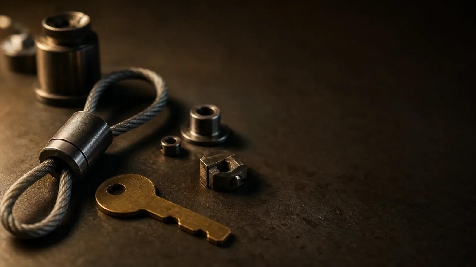 A brass key, a wire loop and small lock parts on a dark surface