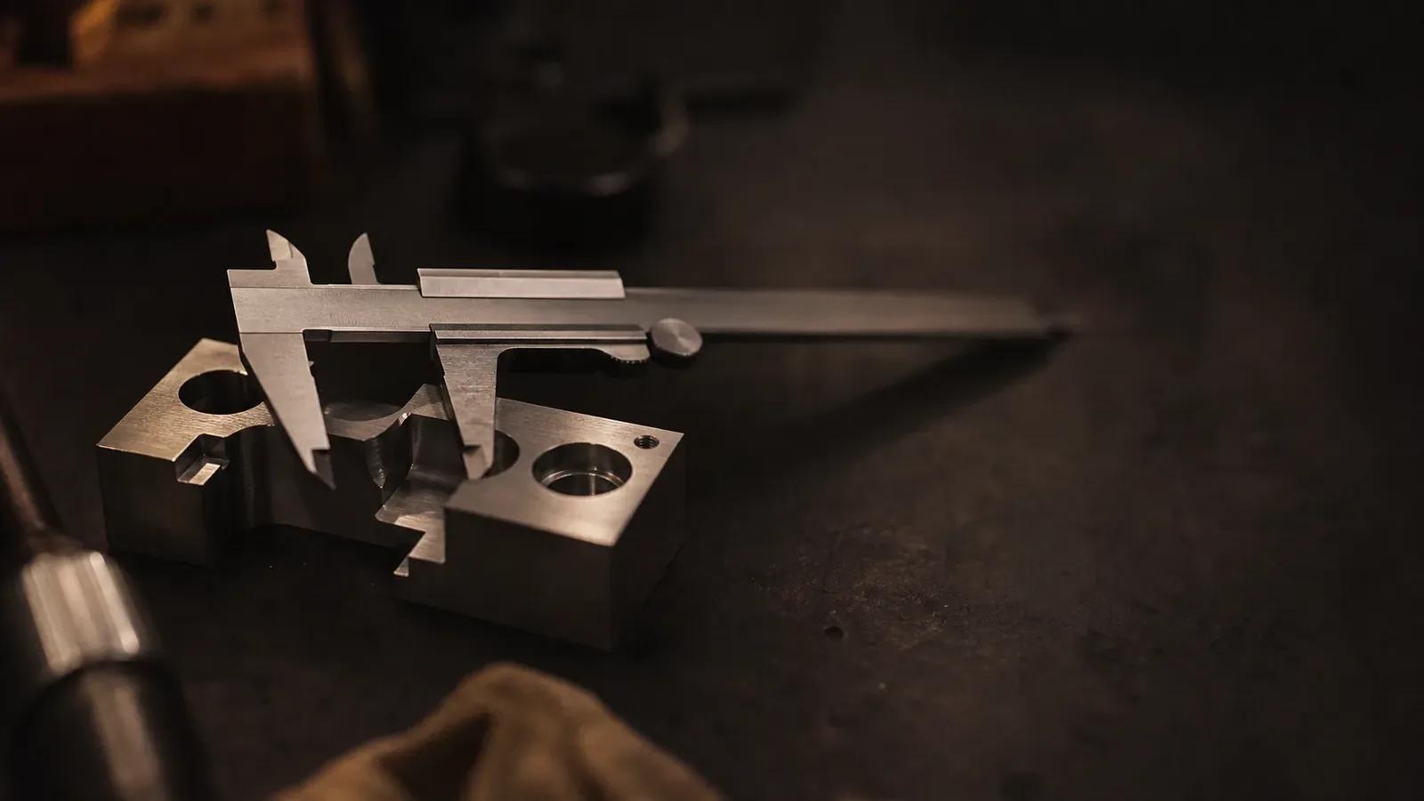 A vernier caliper measuring a machined metal block