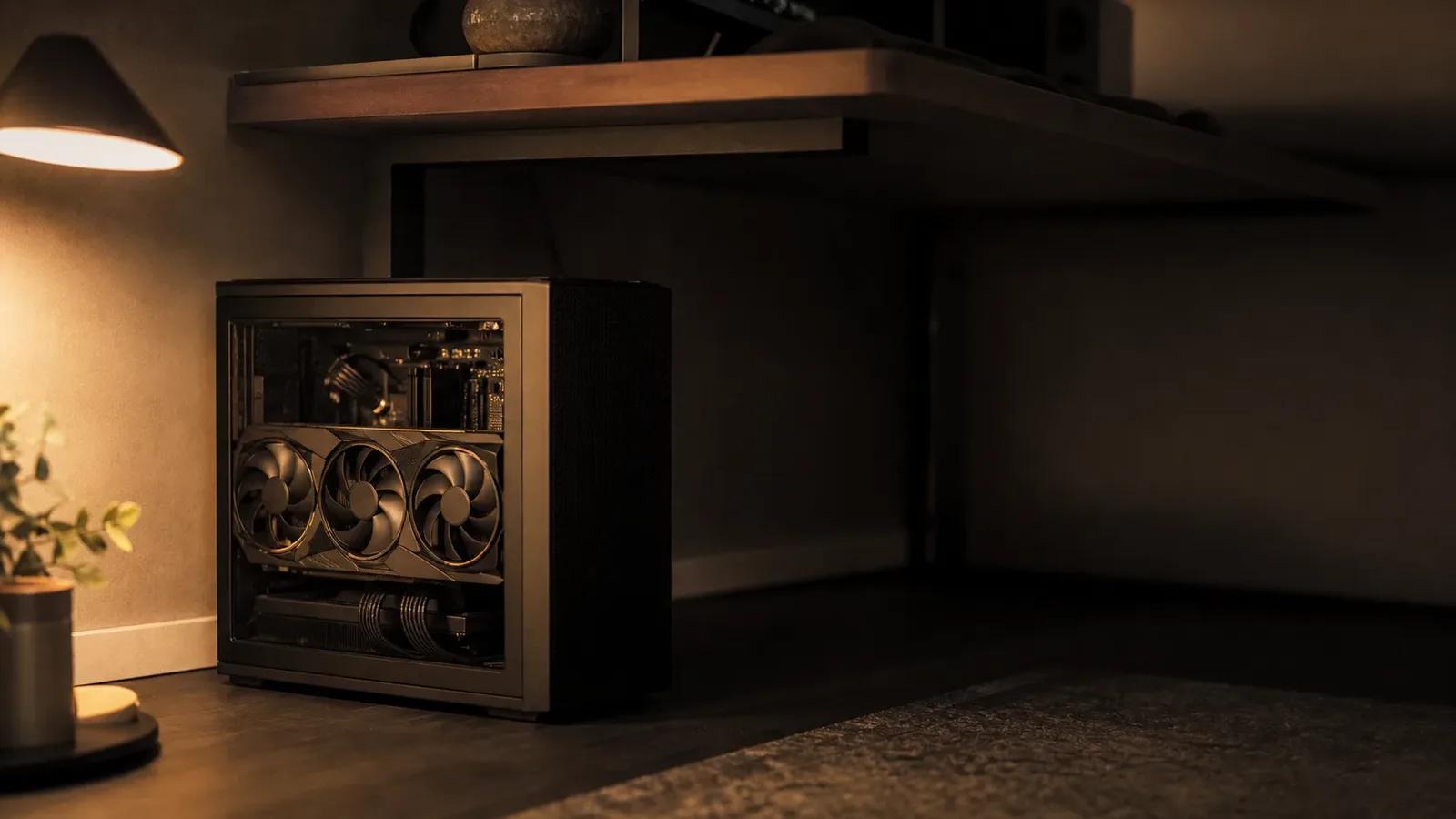 A tower PC with visible graphics cards sitting under a desk