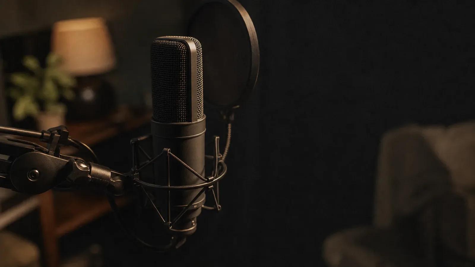 A studio condenser microphone in a shock mount with a pop filter