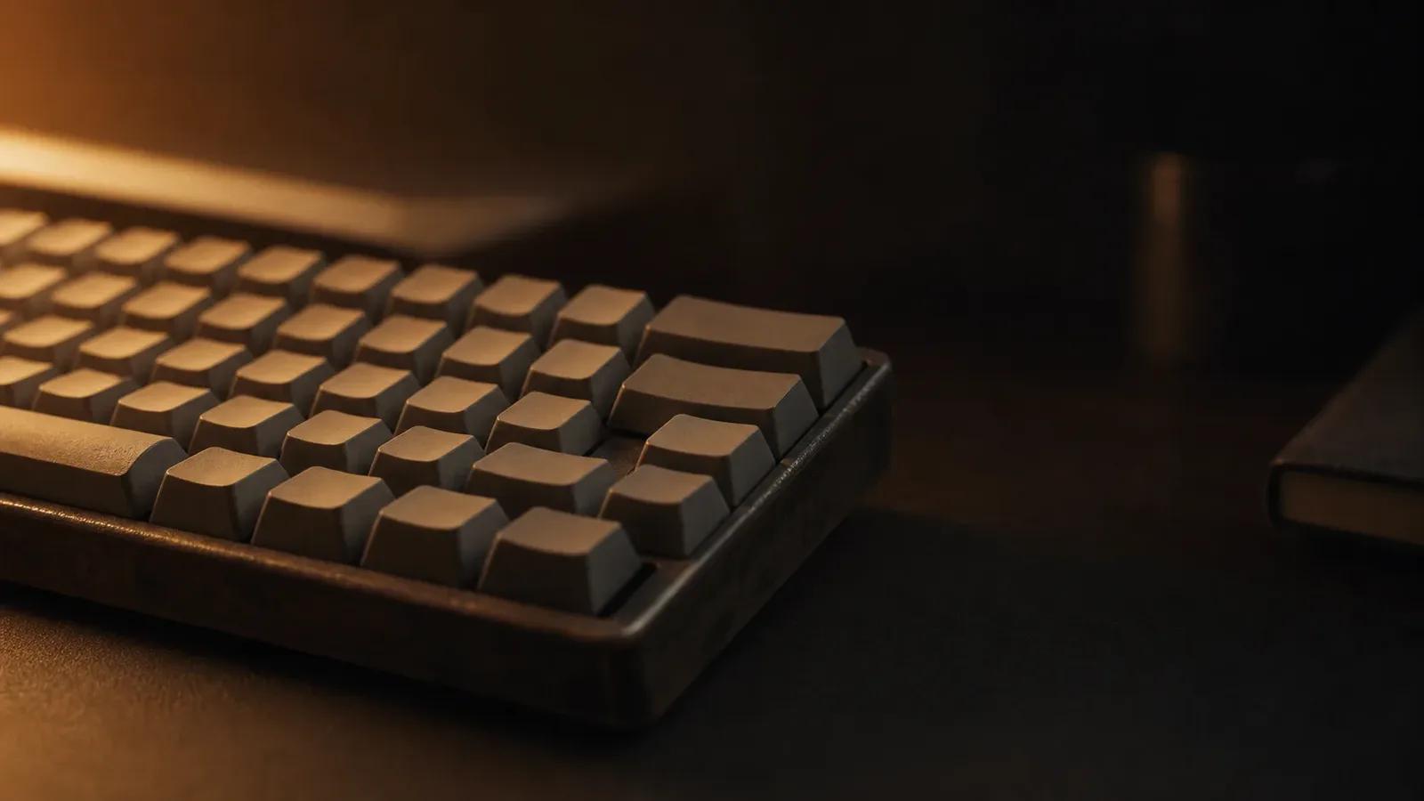 A mechanical keyboard on a dark desk, keys lit from the side