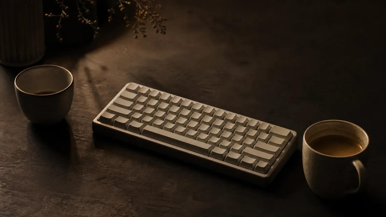 A compact keyboard between two cups of coffee
